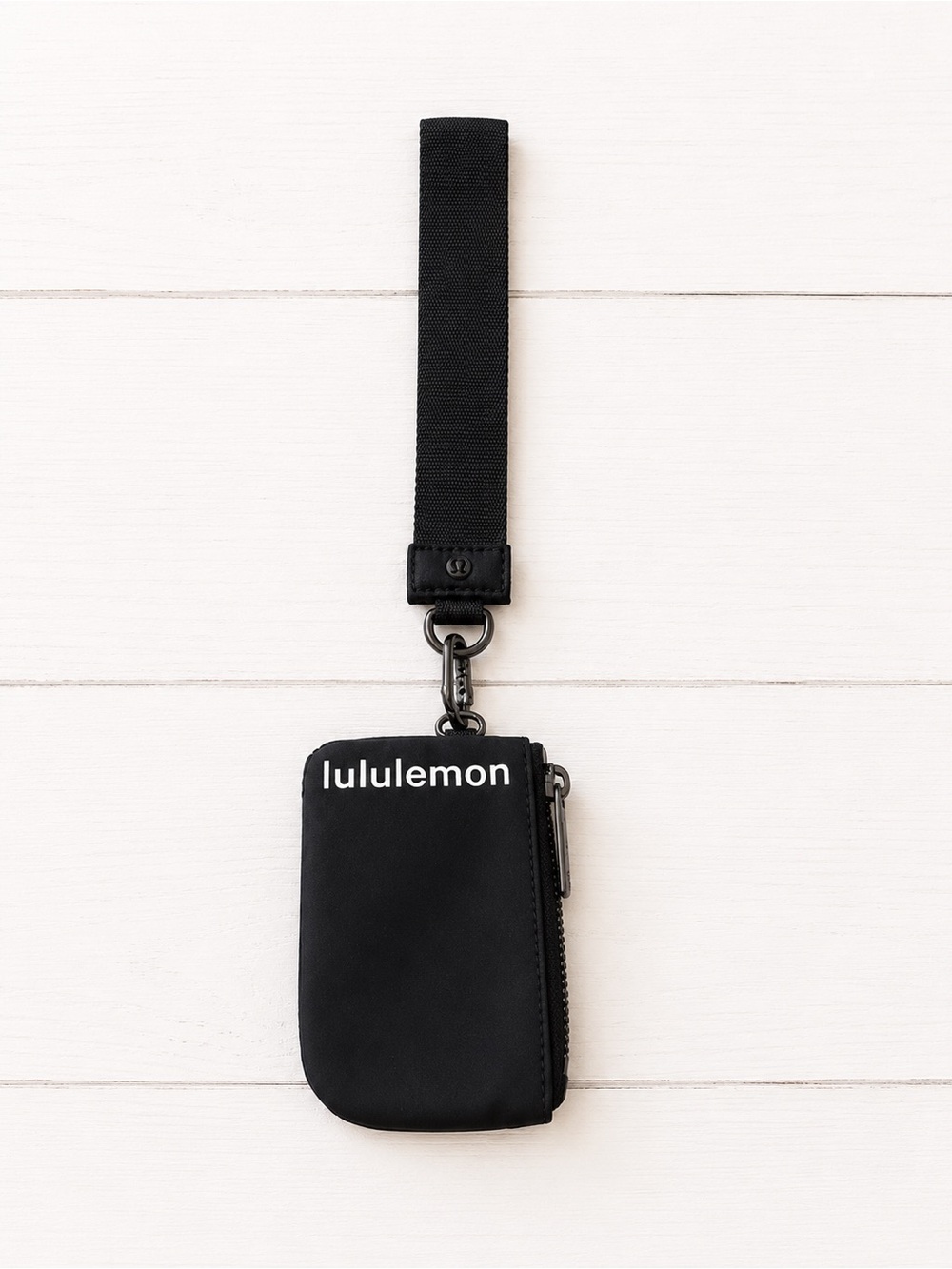 Lululemon Black Single Pouch Wristlet Keychain Clip White Logo Black Hardware